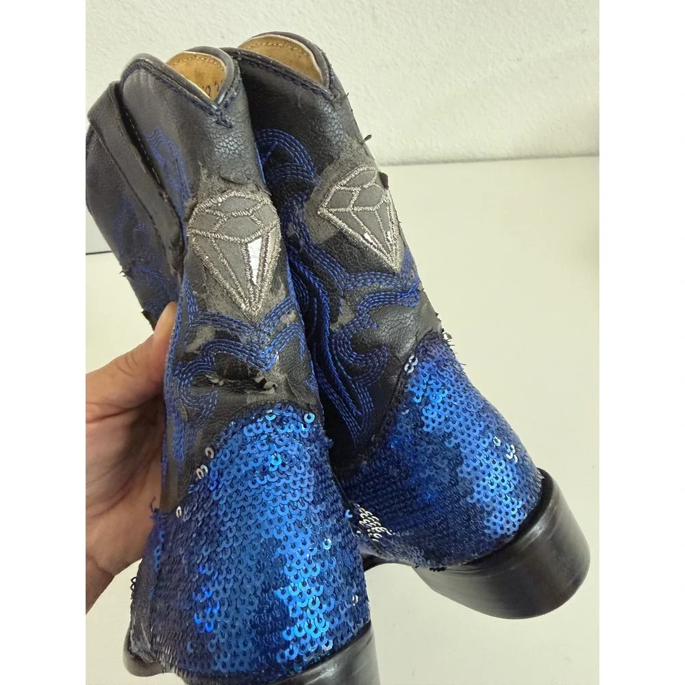 White Diamond Kids Blue Sequin Cowboy Boots Western Embroidered Pointed Toe 17